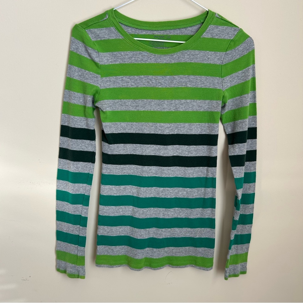 💥Old Navy Green & Gray Striped Long Sleeve T Shirt St Patrick’s Day Casual Sz XS